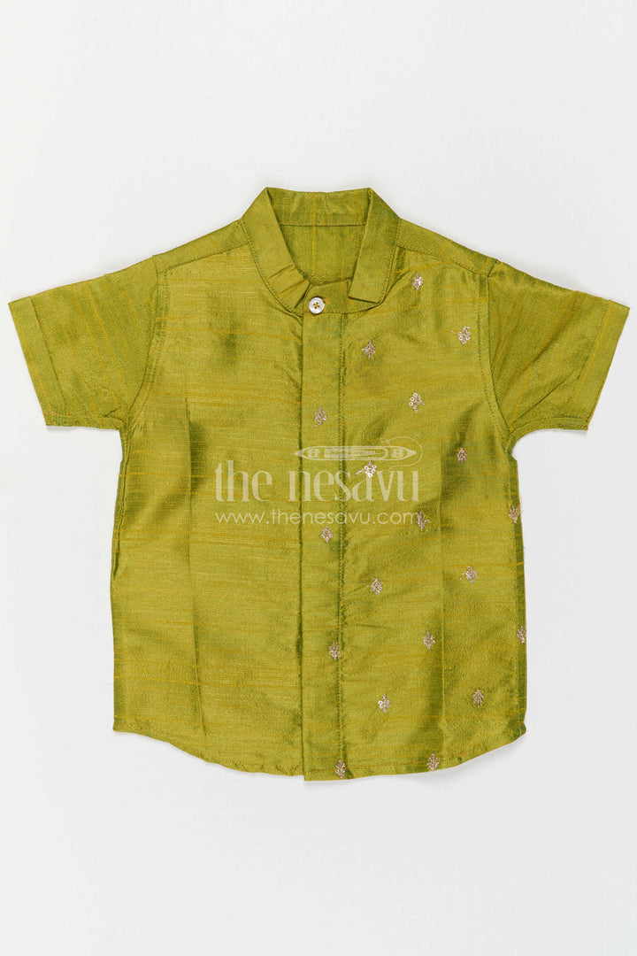 The Nesavu Boys Silk Shirt Boys Silk Shirt for Festive Occasions and Traditional Functions Nesavu Nesavu Boys Raw Silk Shirt For Festive Occasions With Sequence Embroidery Short Sleeve Ethnic Wear