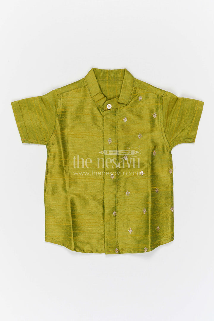 The Nesavu Boys Silk Shirt Boys Silk Shirt for Festive Occasions and Traditional Functions Nesavu Nesavu Boys Raw Silk Shirt For Festive Occasions With Sequence Embroidery Short Sleeve Ethnic Wear