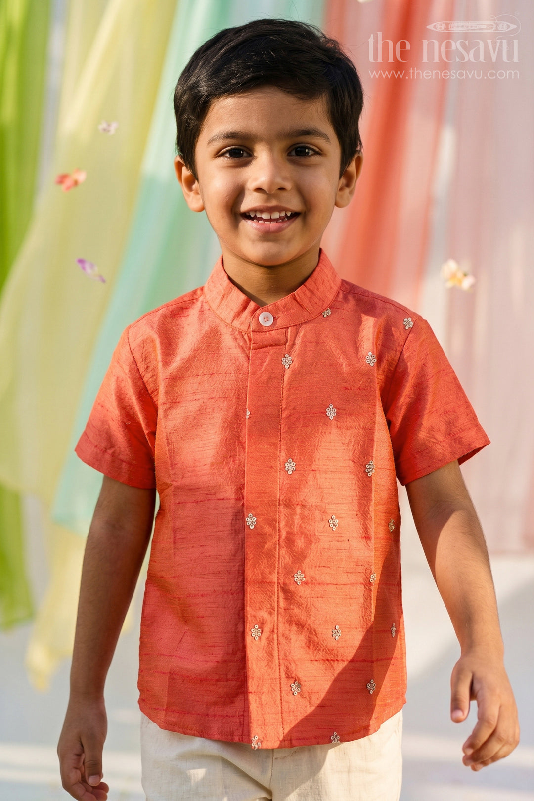 The Nesavu Boys Silk Shirt Boys Silk Shirt for Festive Weddings and Family Celebrations Nesavu 16 (1Y) / Red / Raw Silk BS473B-16 Nesavu Boys Silk Shirt With Embroidery For Festive Weddings And Traditional Celebrations