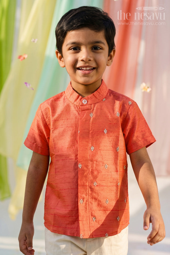 The Nesavu Boys Silk Shirt Boys Silk Shirt for Festive Weddings and Family Celebrations Nesavu 16 (1Y) / Red / Raw Silk BS473B-16 Nesavu Boys Silk Shirt With Embroidery For Festive Weddings And Traditional Celebrations