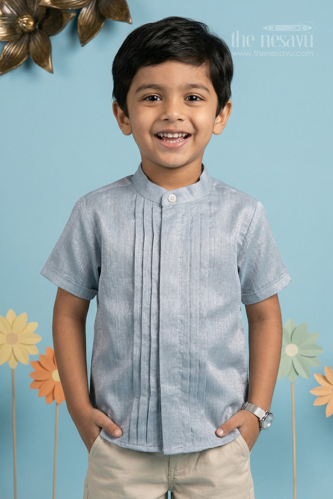 The Nesavu Boys Silk Shirt Boys Silk Shirt for Wedding and Festive Wear Nesavu 14 (6M) / Blue / Silk Blend BS406B-14 Nesavu Boys Tissue Silk Shirt For Wedding Celebrations And Festive Traditional Occasions