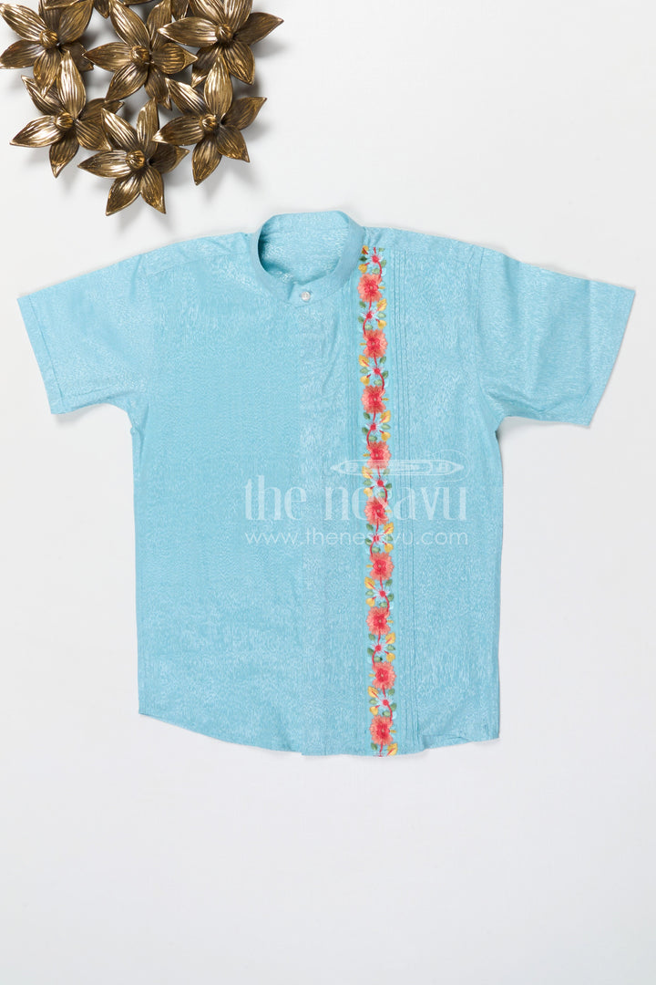 The Nesavu Boys Silk Shirt Boys Silk Shirt for Weddings and Festive Events Nesavu 14 (6M) / Blue / Silk Blend BS413A-14 Nesavu boys blue tissue silk festive shirt with embroidered placket