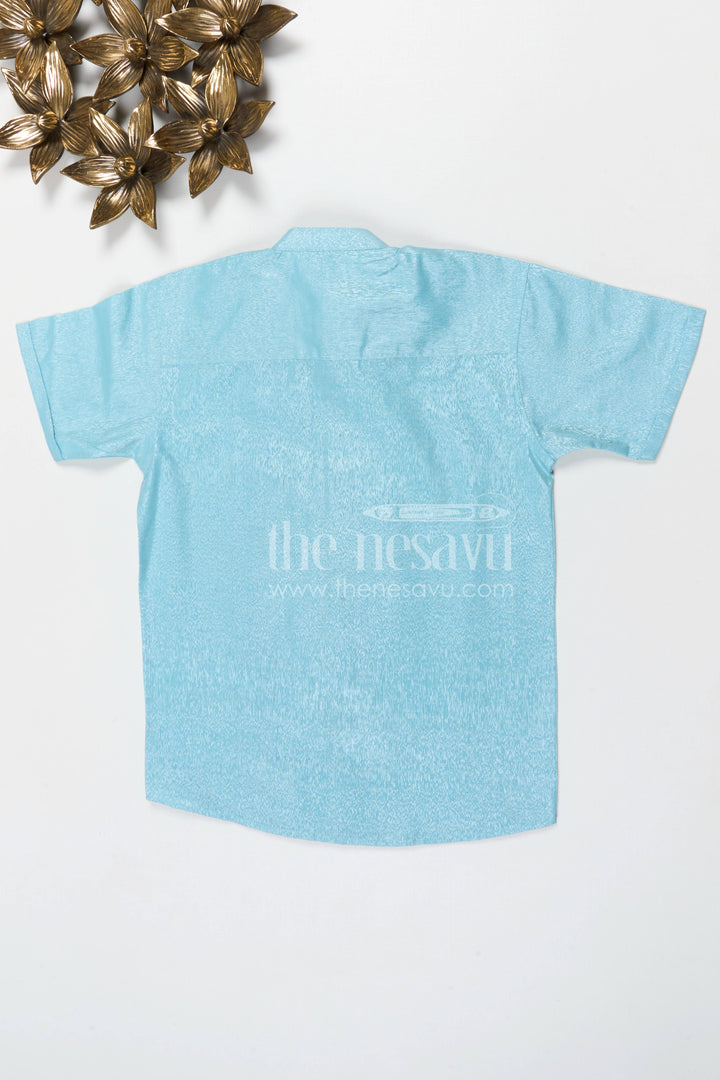 The Nesavu Boys Silk Shirt Boys Silk Shirt for Weddings and Festive Events Nesavu Nesavu boys blue tissue silk festive shirt with embroidered placket