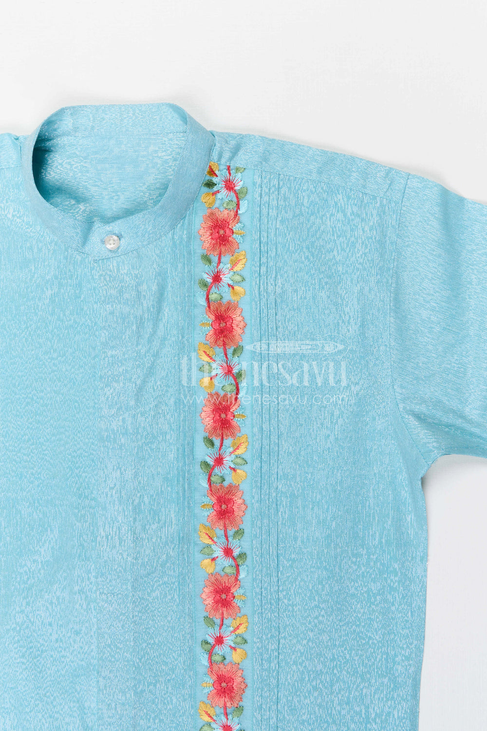 The Nesavu Boys Silk Shirt Boys Silk Shirt for Weddings and Festive Events Nesavu Nesavu boys blue tissue silk festive shirt with embroidered placket