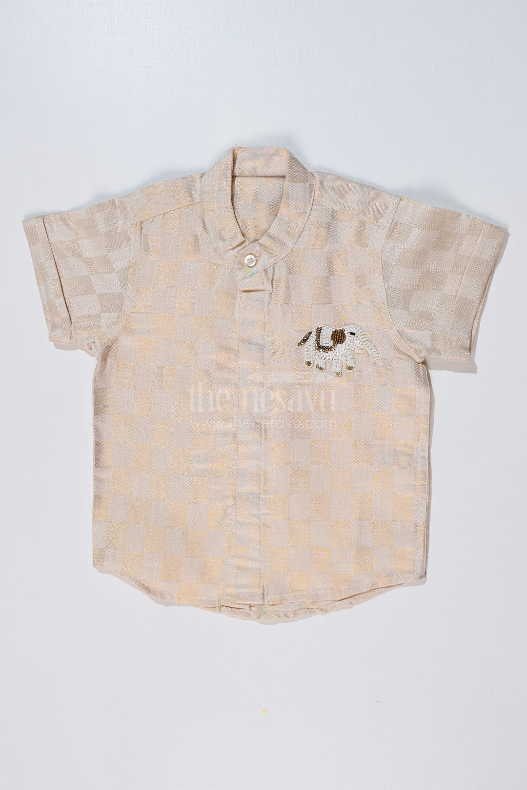 The Nesavu Boys Silk Shirt Boys Silk Shirt in Gold Cotton Tissue with Checkered Pattern and Embellished Elephant Design Nesavu 16 (1Y) / Gold BS221A-16 Boys Silk Shirt Gold Cotton Tissue Checkered Pattern Embellished Elephant Motif | The Nesavu