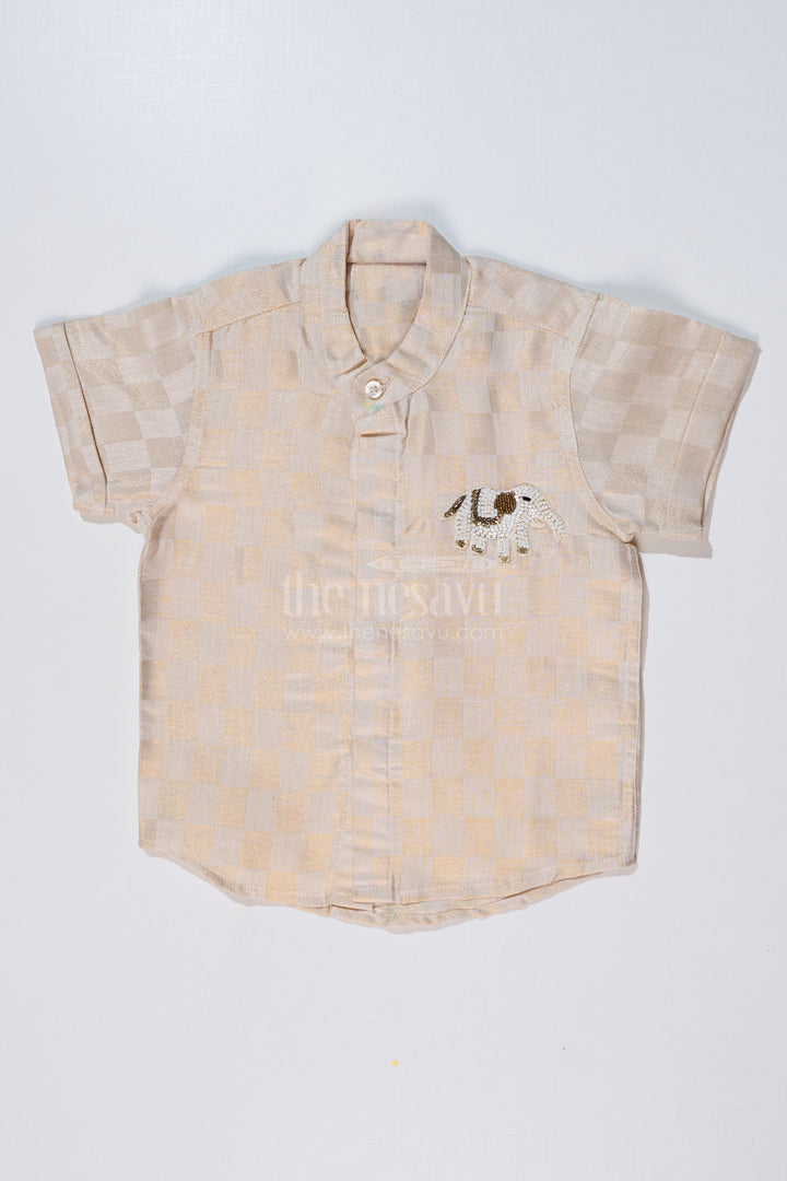 The Nesavu Boys Silk Shirt Boys Silk Shirt in Gold Cotton Tissue with Checkered Pattern and Embellished Elephant Design Nesavu 16 (1Y) / Gold BS221A-16 Boys Silk Shirt Gold Cotton Tissue Checkered Pattern Embellished Elephant Motif | The Nesavu
