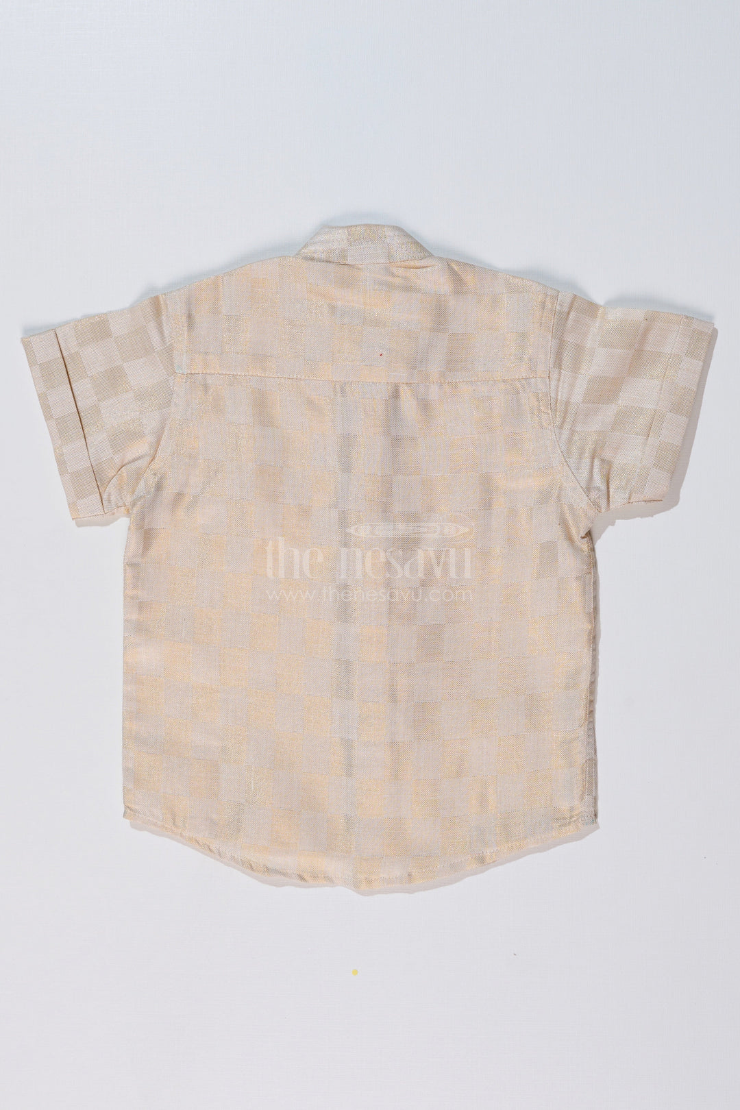 The Nesavu Boys Silk Shirt Boys Silk Shirt in Gold Cotton Tissue with Checkered Pattern and Embellished Elephant Design Nesavu Boys Silk Shirt Gold Cotton Tissue Checkered Pattern Embellished Elephant Motif | The Nesavu