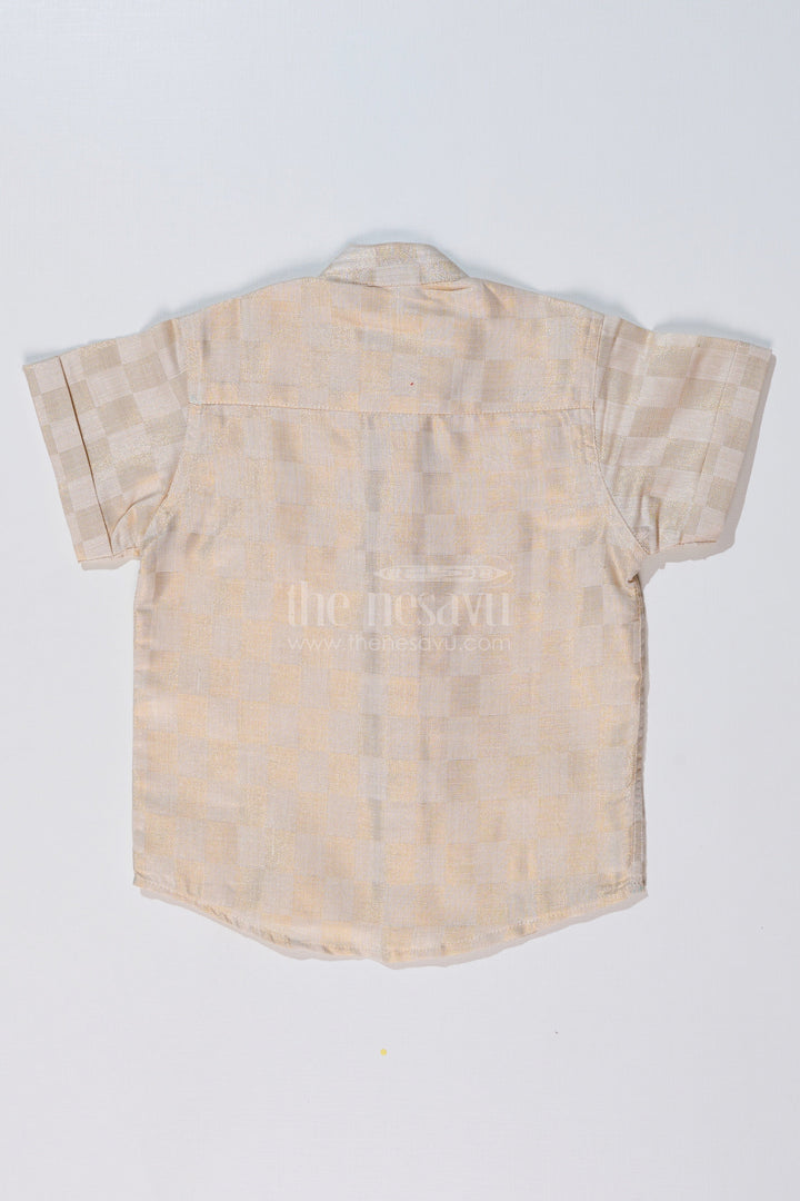 The Nesavu Boys Silk Shirt Boys Silk Shirt in Gold Cotton Tissue with Checkered Pattern and Embellished Elephant Design Nesavu Boys Silk Shirt Gold Cotton Tissue Checkered Pattern Embellished Elephant Motif | The Nesavu