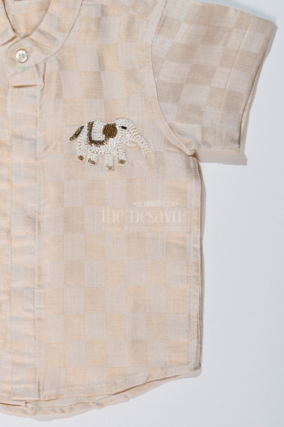 The Nesavu Boys Silk Shirt Boys Silk Shirt in Gold Cotton Tissue with Checkered Pattern and Embellished Elephant Design Nesavu Boys Silk Shirt Gold Cotton Tissue Checkered Pattern Embellished Elephant Motif | The Nesavu
