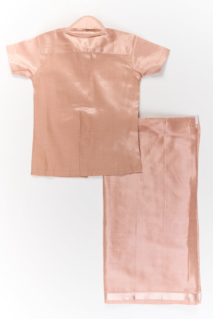 The Nesavu Boys Silk Shirt Boys Silk Shirt Set in Copper with Stylish Zari Border Nesavu Boys Silk Dhoti Shirt Set Copper Elegant Zari Border Festivals | The Nesavu