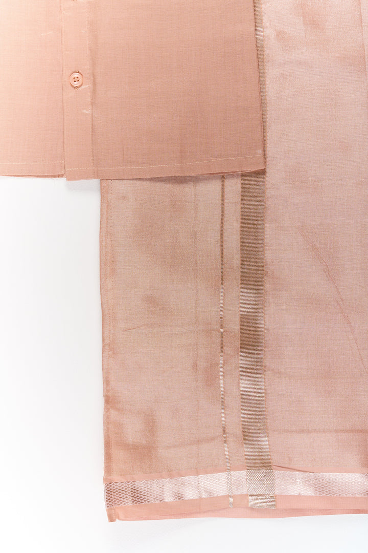 The Nesavu Boys Silk Shirt Boys Silk Shirt Set in Copper with Stylish Zari Border Nesavu Boys Silk Dhoti Shirt Set Copper Elegant Zari Border Festivals | The Nesavu