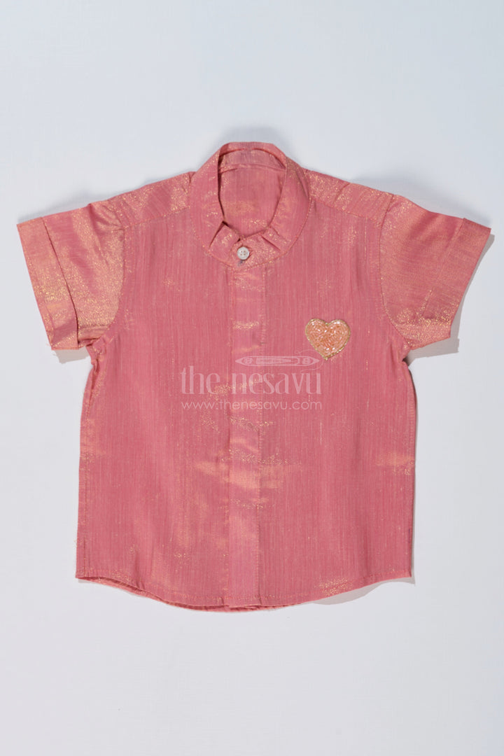 The Nesavu Boys Silk Shirt Boys Silk Shirt with Embroidered Heart Motif and Mandarin Collar for Festive Wear Nesavu 16 (1Y) / Pink BS225A-16 Boys Silk Shirt Heart Embroidery Mandarin Collar Traditional Wear | The Nesavu