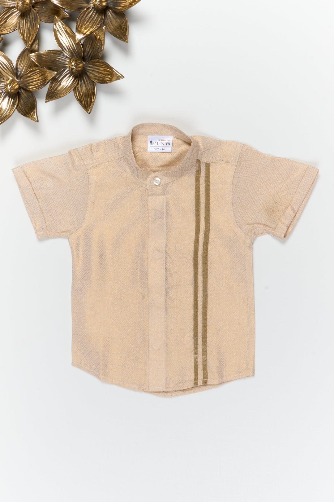 The Nesavu Boys Silk Shirt Boys Silk Shirt with Tissue Stripes for Festive Occasions Nesavu 14 (6M) / Gold / Silk Blend BS398A-14 Nesavu boys gold tissue silk shirt with stripes for weddings and festive traditional wear