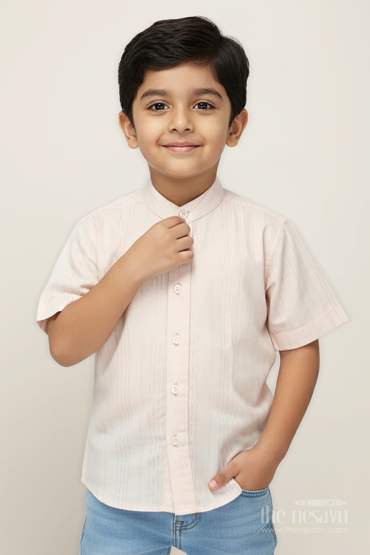 The Nesavu Boys Cotton Shirt Boys Simple Cotton Shirt for Temple Visits with Beige Striped Print and Mandarin Collar in Soft Fabric Nesavu 16 (1Y) / Cream BS268A-16 Nesavu Boys Cotton Shirt Stripes Print Mandarin Collar Temple Visits Traditional Occasions