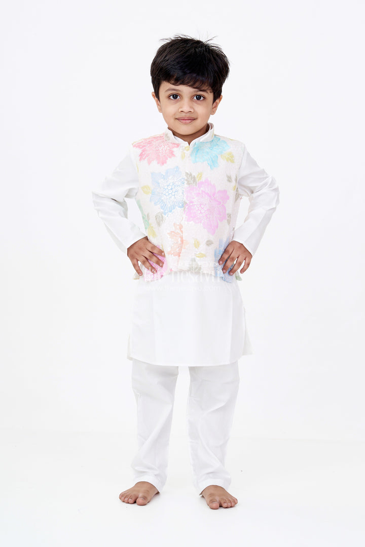 The Nesavu Boys Kurtha Set Boys Simple White Kurta Set with Sequin Floral Digital Print Jacket in Soft Silk Blend Nesavu 16 (1Y) / White BES682A-16 Boys Simple White Kurta Pastel Sequin Floral Print Jacket Silk Blend | The Nesavu