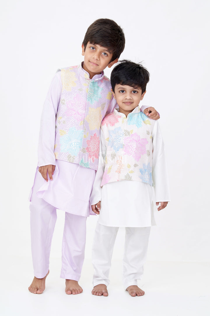 The Nesavu Boys Kurtha Set Boys Simple White Kurta Set with Sequin Floral Digital Print Jacket in Soft Silk Blend Nesavu Boys Simple White Kurta Pastel Sequin Floral Print Jacket Silk Blend | The Nesavu