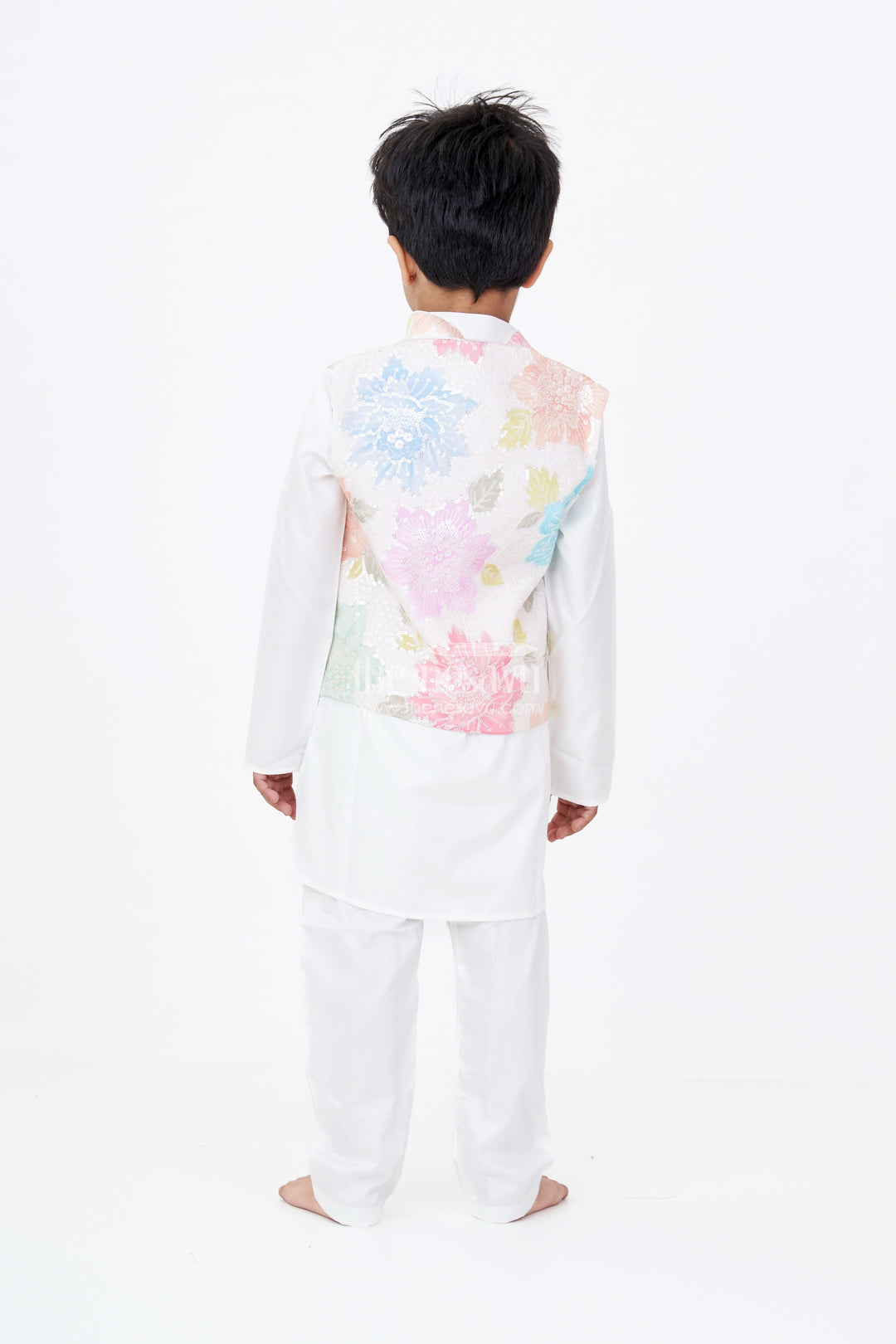 The Nesavu Boys Kurtha Set Boys Simple White Kurta Set with Sequin Floral Digital Print Jacket in Soft Silk Blend Nesavu Nesavu Boys Simple White Kurta Pastel Sequin Floral Print Jacket Silk Blend