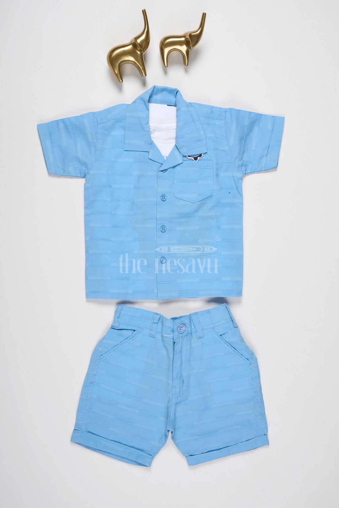 The Nesavu Baby Casual Sets Boys Sky Blue Casual Set with Graphic T-Shirt, Button-Down Shirt, and Matching Shorts Nesavu 14 (6M) / Blue BCS163C-14 Nesavu Boys Sky Blue Casual Set Graphic T-Shirt Button-Down Shirt Shorts Summer Fun