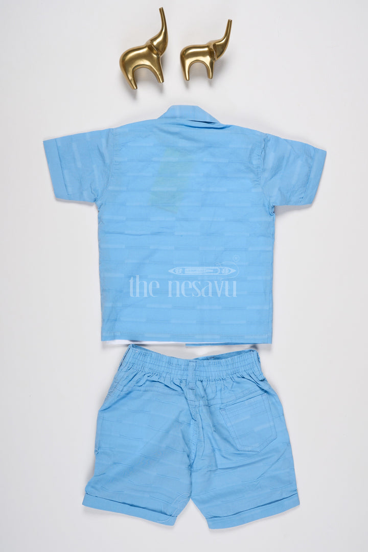 The Nesavu Baby Casual Sets Boys Sky Blue Casual Set with Graphic T-Shirt, Button-Down Shirt, and Matching Shorts Nesavu Nesavu Boys Sky Blue Casual Set Graphic T-Shirt Button-Down Shirt Shorts Summer Fun