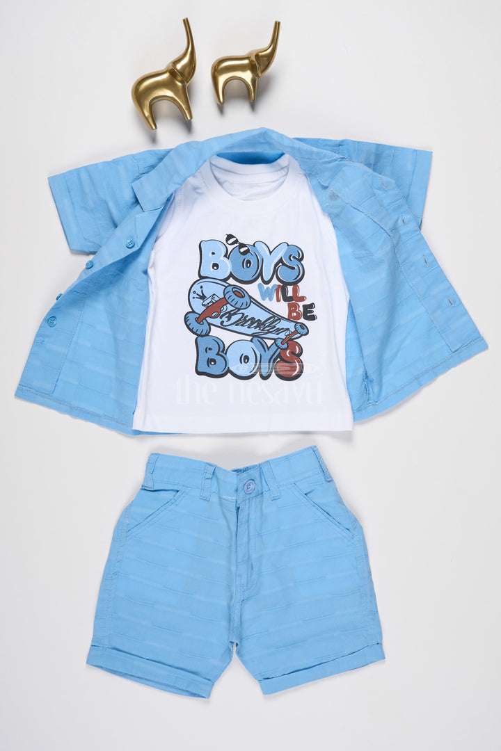 The Nesavu Baby Casual Sets Boys Sky Blue Casual Set with Graphic T-Shirt, Button-Down Shirt, and Matching Shorts Nesavu Nesavu Boys Sky Blue Casual Set Graphic T-Shirt Button-Down Shirt Shorts Summer Fun