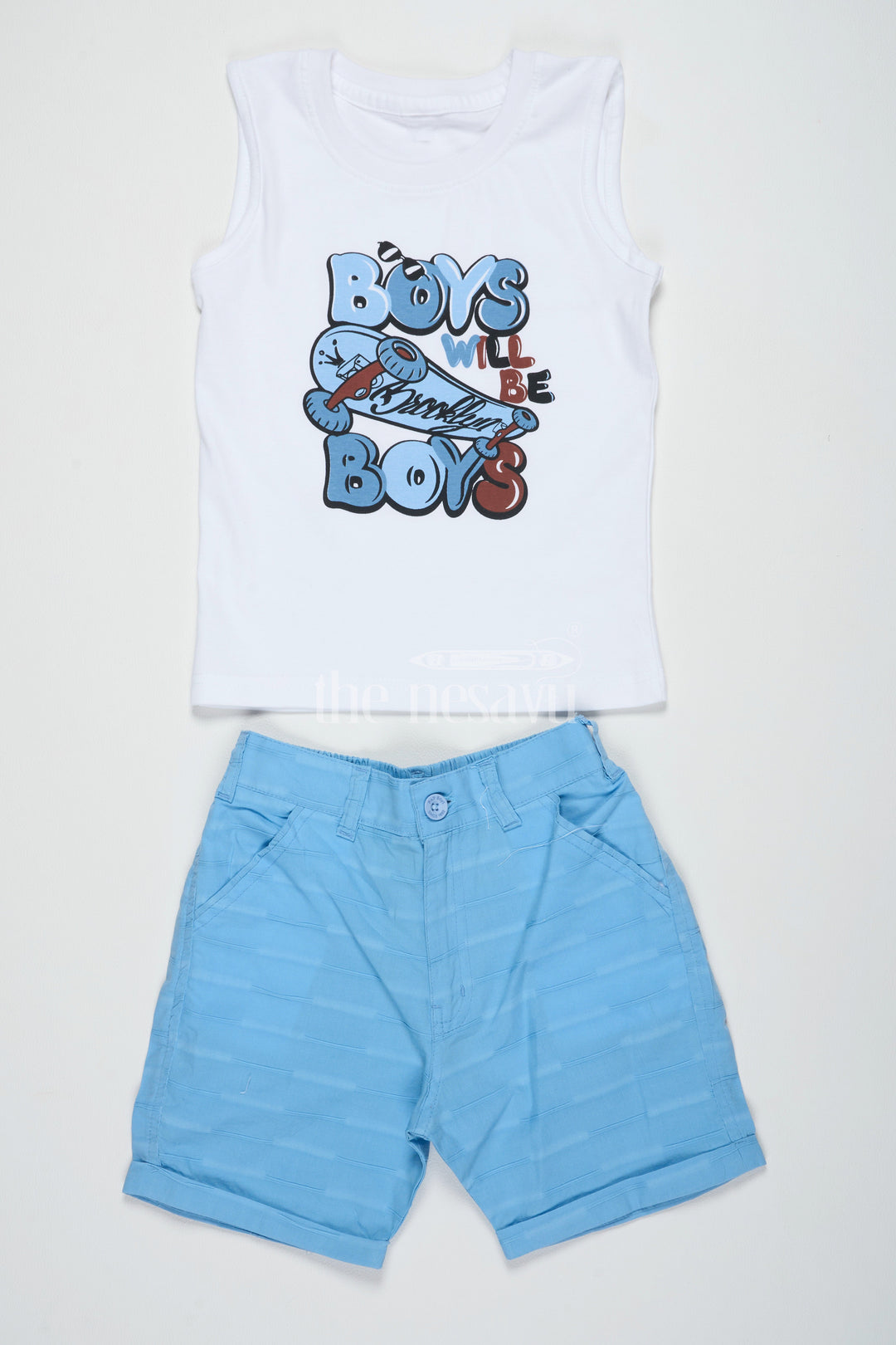 The Nesavu Baby Casual Sets Boys Sky Blue Casual Set with Graphic T-Shirt, Button-Down Shirt, and Matching Shorts Nesavu Nesavu Boys Sky Blue Casual Set Graphic T-Shirt Button-Down Shirt Shorts Summer Fun