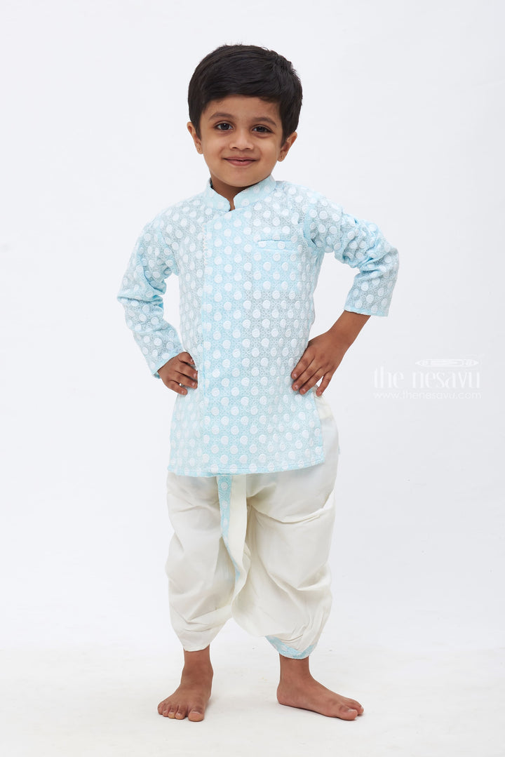 The Nesavu Boys Dothi Set Boys Sky Blue Kurta with White Dhoti: Delicate Floral Embroidery - Classic Festive Wear Nesavu 10 (NB) / Blue / Cotton BES447A-10 Boys Floral Embroidered Sky Blue Kurta & White Dhoti | Elegant Traditional Ensemble | The Nesavu