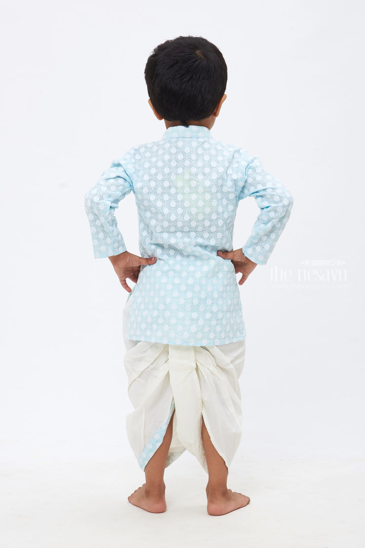 The Nesavu Boys Dothi Set Boys Sky Blue Kurta with White Dhoti: Delicate Floral Embroidery - Classic Festive Wear Nesavu Boys Floral Embroidered Sky Blue Kurta & White Dhoti | Elegant Traditional Ensemble | The Nesavu