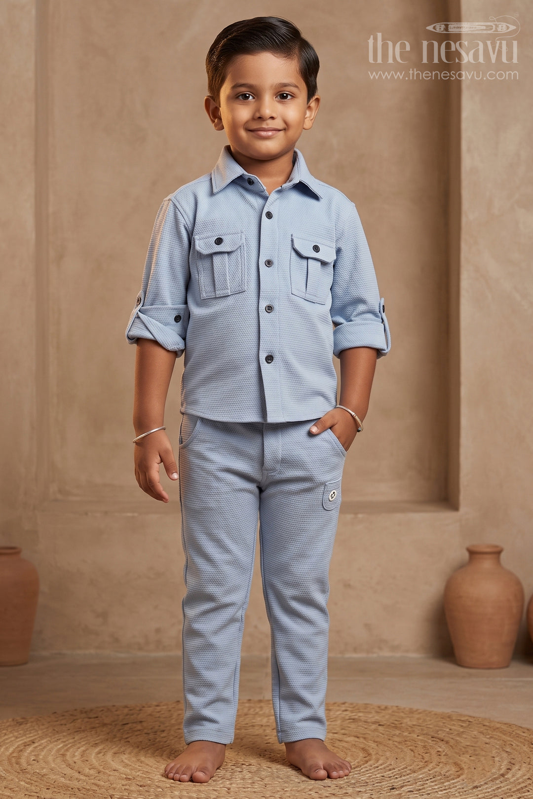 The Nesavu Boys Casual Set Boys Sleek Grey Shirt and Pant Settrendy Comfort Nesavu 14 (6M) / Gray / Knitted Lycra BES528A-14 Cool Grey Boys Casual Shirt Pant Set | The Nesavu