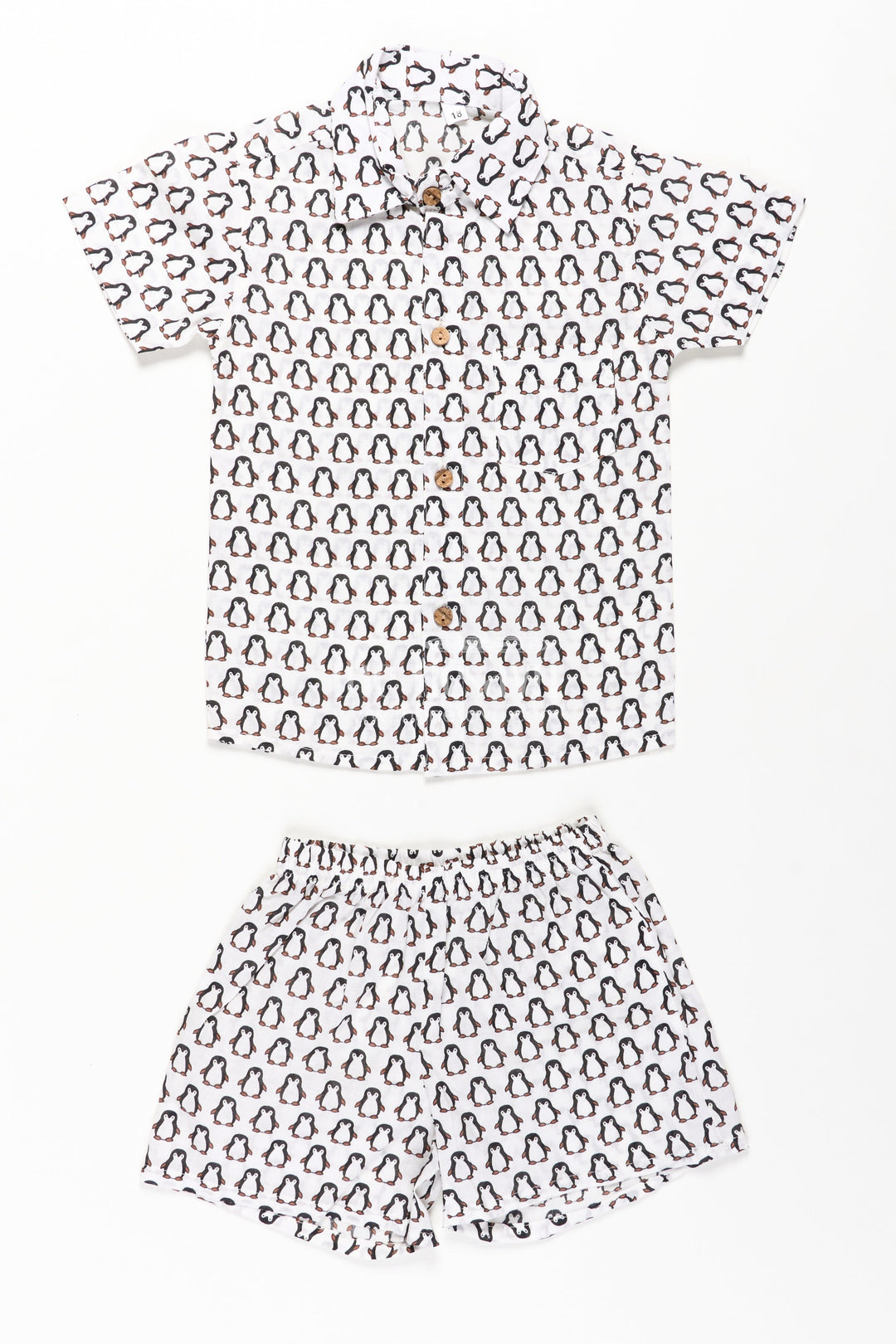 The Nesavu Boys Casual Set Boys Smart and Casual Wear Set with Penguin Print Shirt and Matching Shorts in Cool Cotton Fabric Nesavu 16 (1Y) / Black BCS274A-16 Nesavu Boys Smart Casual Wear Cotton Set All-Over Penguin Print Shirt Shorts