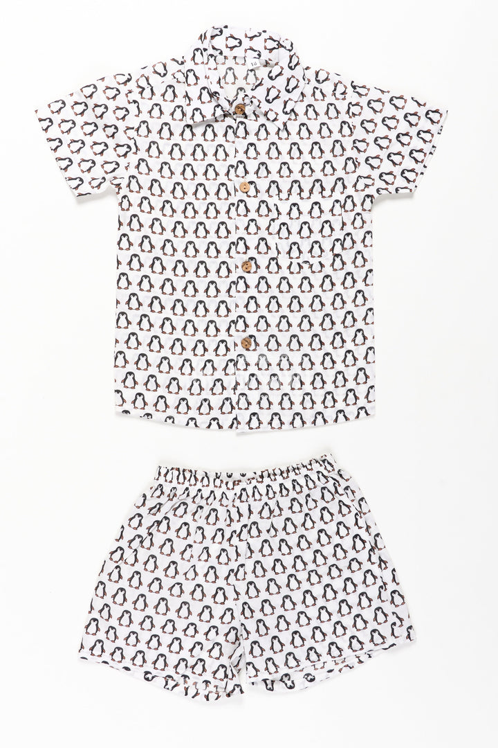 The Nesavu Boys Casual Set Boys Smart and Casual Wear Set with Penguin Print Shirt and Matching Shorts in Cool Cotton Fabric Nesavu 16 (1Y) / Black BCS274A-16 Nesavu Boys Smart Casual Wear Cotton Set All-Over Penguin Print Shirt Shorts