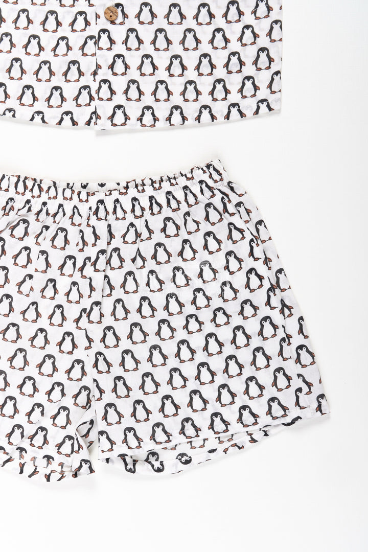 The Nesavu Boys Casual Set Boys Smart and Casual Wear Set with Penguin Print Shirt and Matching Shorts in Cool Cotton Fabric Nesavu Nesavu Boys Smart Casual Wear Cotton Set All-Over Penguin Print Shirt Shorts