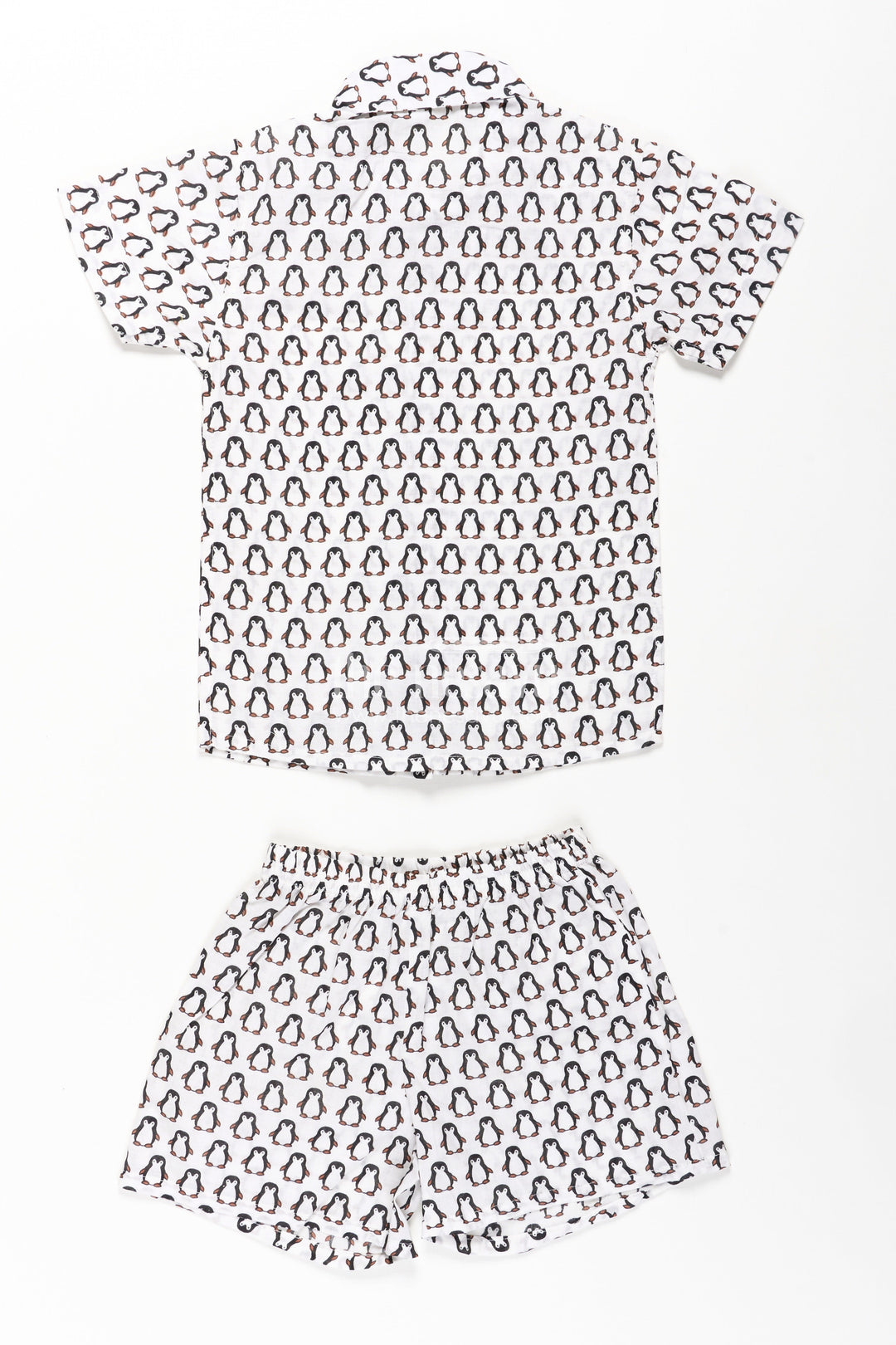 The Nesavu Boys Casual Set Boys Smart and Casual Wear Set with Penguin Print Shirt and Matching Shorts in Cool Cotton Fabric Nesavu Nesavu Boys Smart Casual Wear Cotton Set All-Over Penguin Print Shirt Shorts