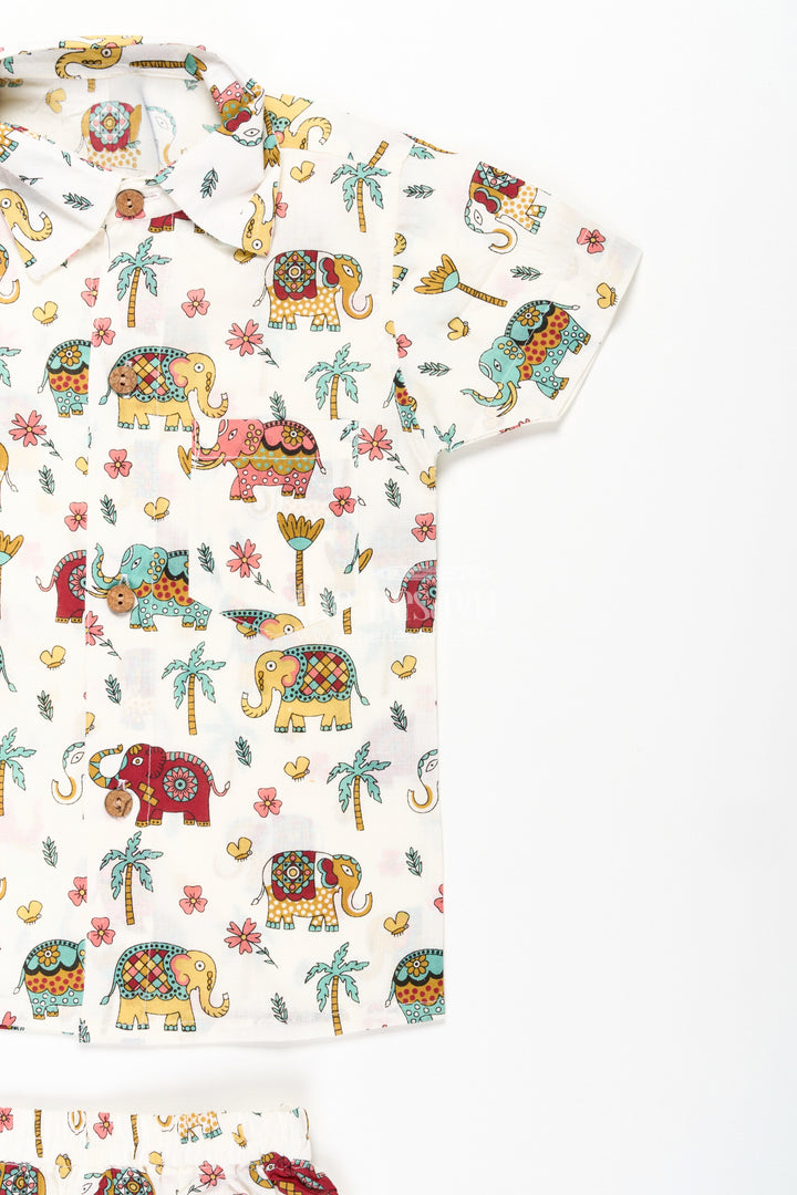 The Nesavu Boys Casual Set Boys Smart Casual Dress Set in Cotton with Elephant Digital Print and Short Sleeve Shirt Nesavu Nesavu Boys Smart Casual Dress Cotton Set Elephant Digital Print Button Shirt