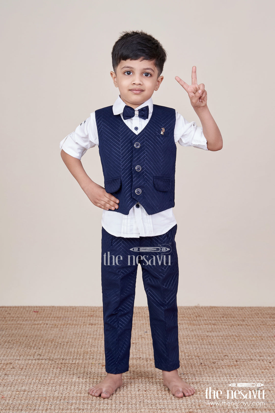 The Nesavu Boys Casual Set Boys Smart Casual Set with Corduroy Vest for Birthdays and Gatherings Nesavu 16 (1Y) / Blue BCS453A-16 Nesavu boys smart casual set corduroy vest bowtie birthdays special outings