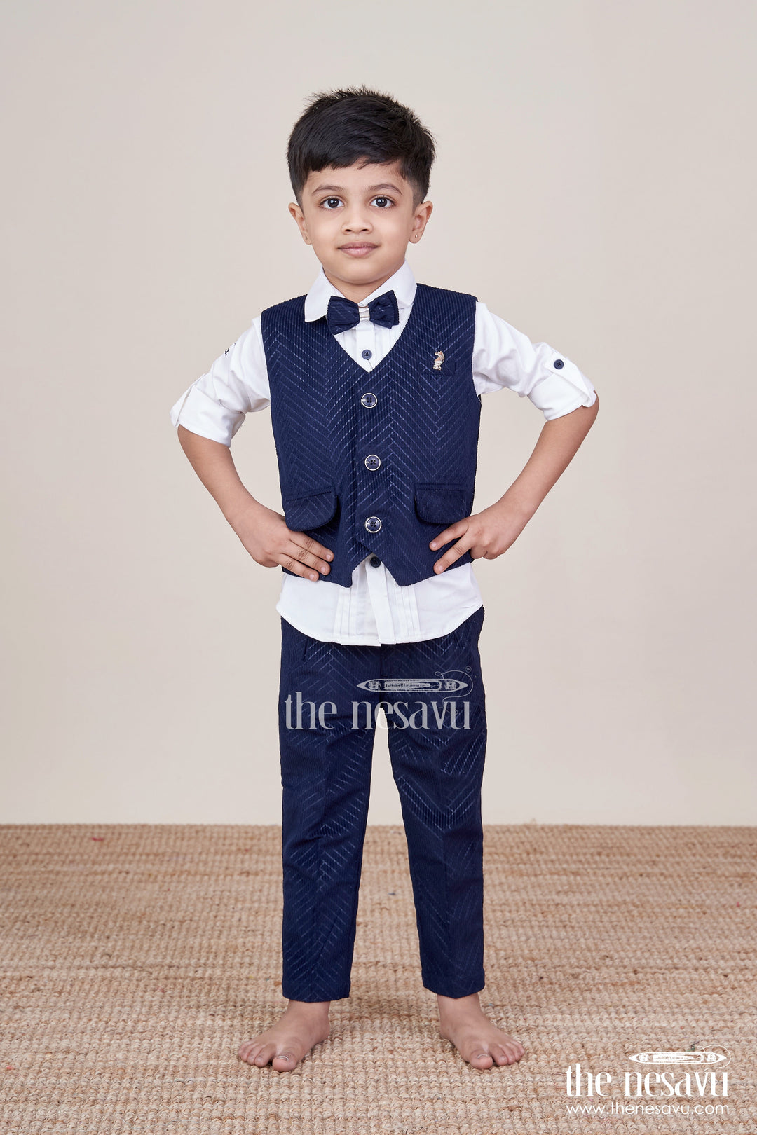 The Nesavu Boys Casual Set Boys Smart Casual Set with Corduroy Vest for Birthdays and Gatherings Nesavu Nesavu boys smart casual set corduroy vest bowtie birthdays special outings