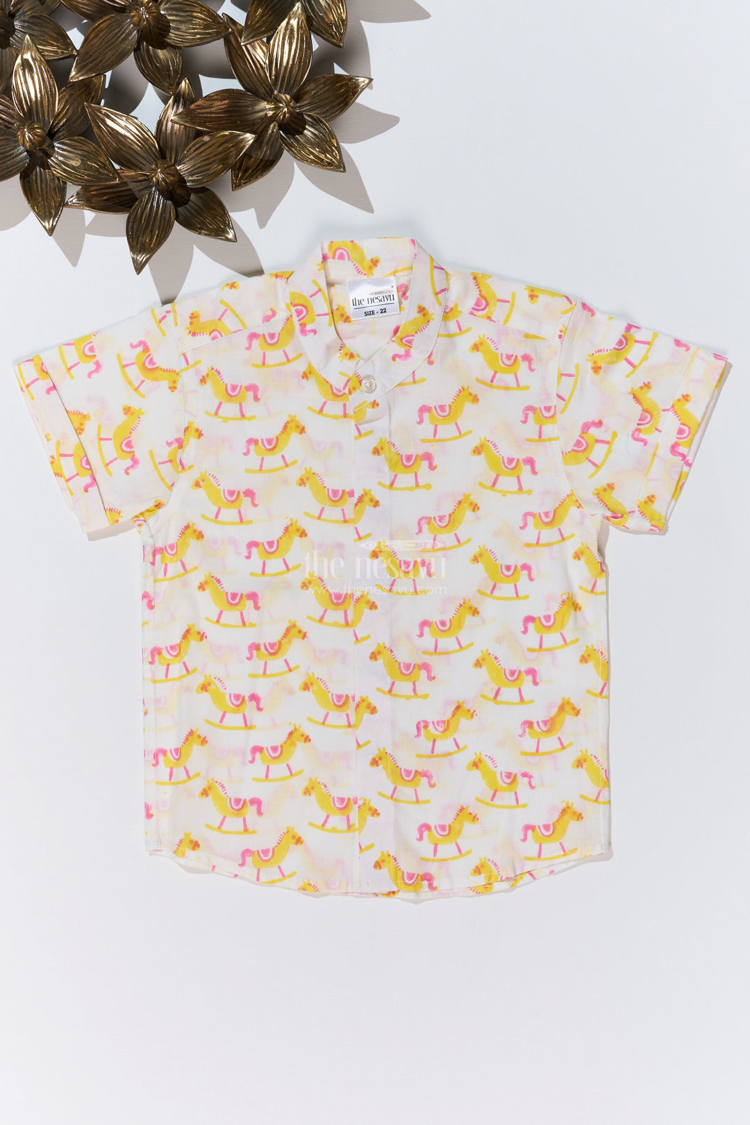 The Nesavu Boys Cotton Shirt Boys Smart Casual Shirts Men Inspired Design in Cotton Block Print with Rocking Horse Motif Nesavu 16 (1Y) / Yellow BS249A-16 Boys Smart Casual Shirt Cotton Block Print Rocking Horse Motif | The Nesavu