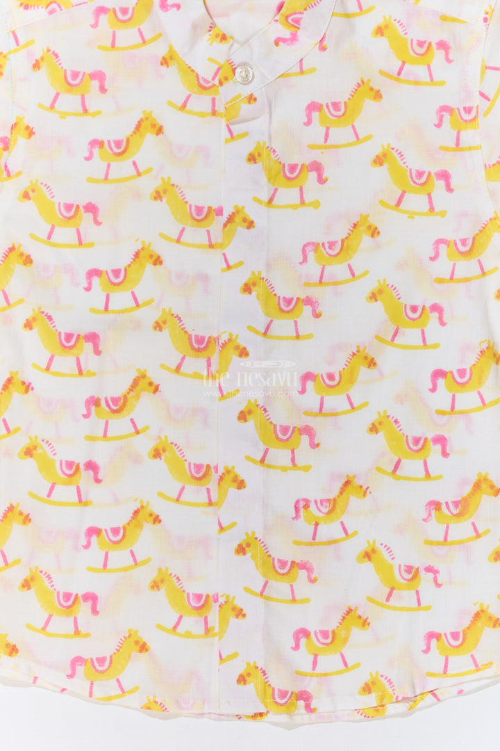 The Nesavu Boys Cotton Shirt Boys Smart Casual Shirts Men Inspired Design in Cotton Block Print with Rocking Horse Motif Nesavu Boys Smart Casual Shirt Cotton Block Print Rocking Horse Motif | The Nesavu