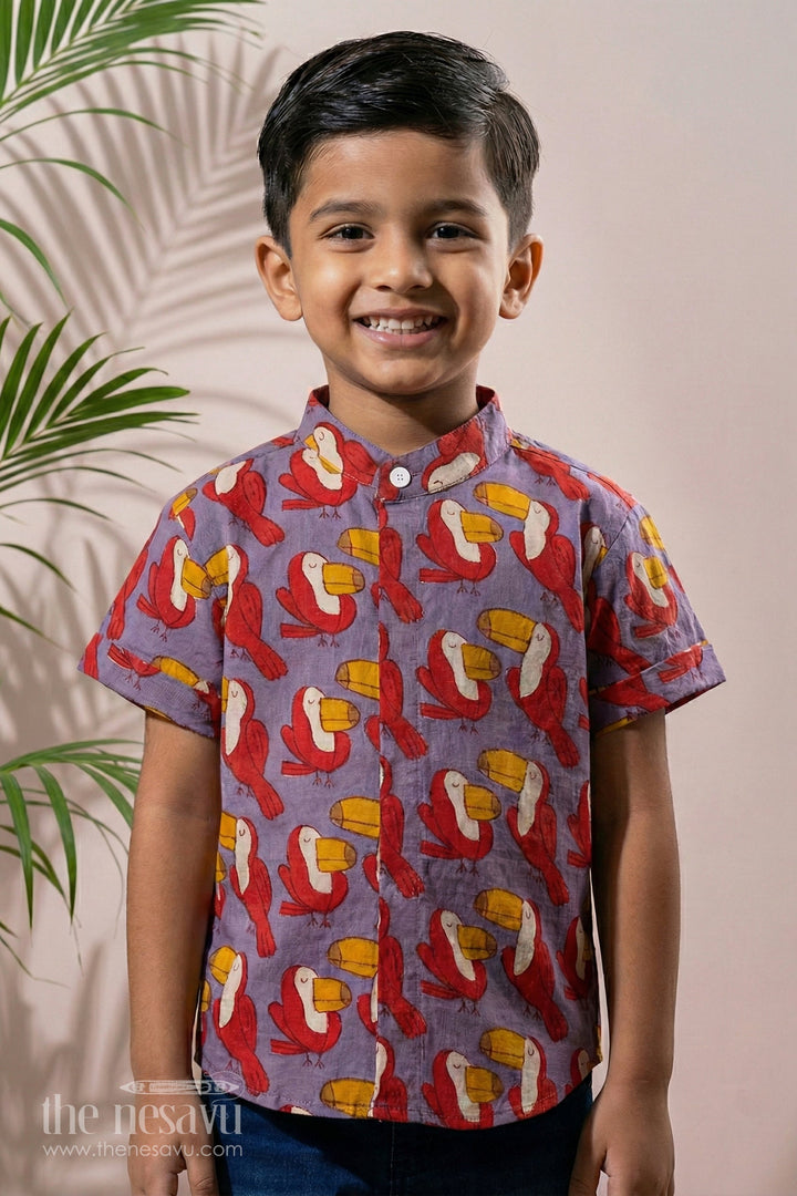 The Nesavu Boys Cotton Shirt Boys Smart Casual Shirts Men’S Style with Toucan Print in Soft Rayon for a Trendy Look Nesavu 16 (1Y) / Purple BS240C-16 Boys Smart Casual Shirt Toucan Print Soft Rayon Stylish Outings | The Nesavu
