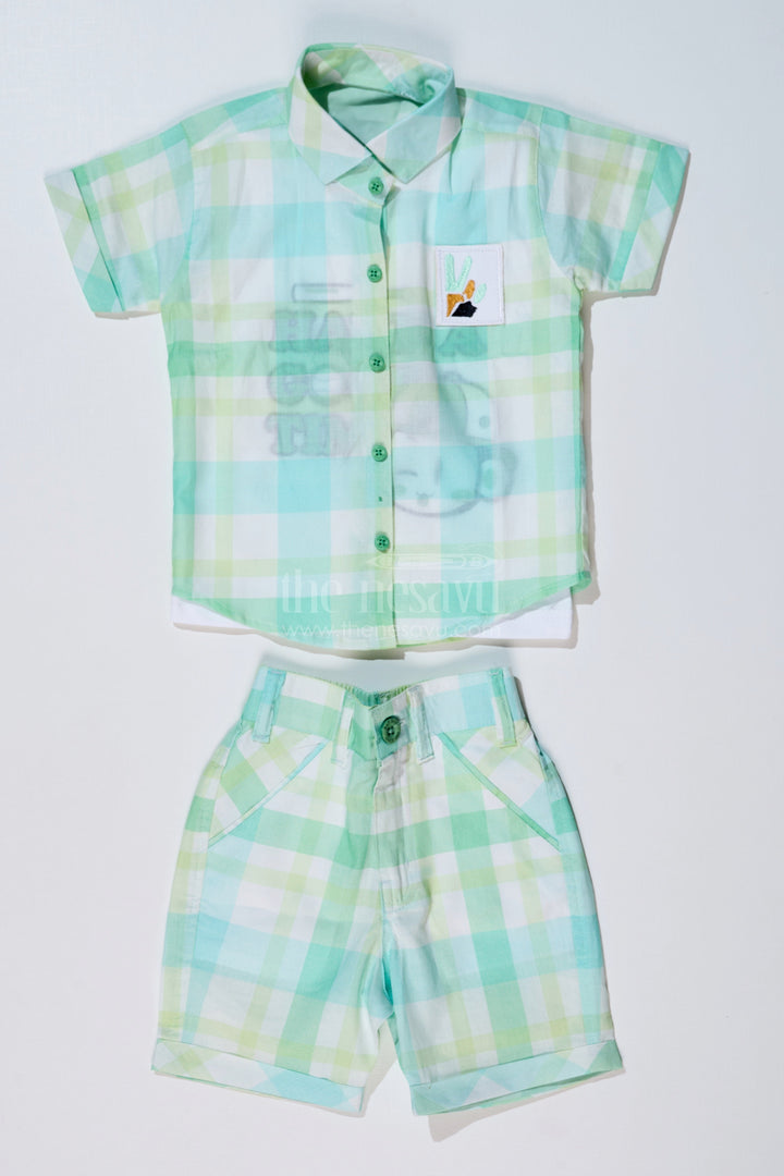 The Nesavu Boys Casual Set Boys Smart Casual Shirts with Checked Shorts and Graphic T-Shirt for Everyday Wear Nesavu 16 (1Y) / Green BCS214A-16 Boys Smart Casual Shirt Set Checked Shorts Printed T-Shirt | The Nesavu