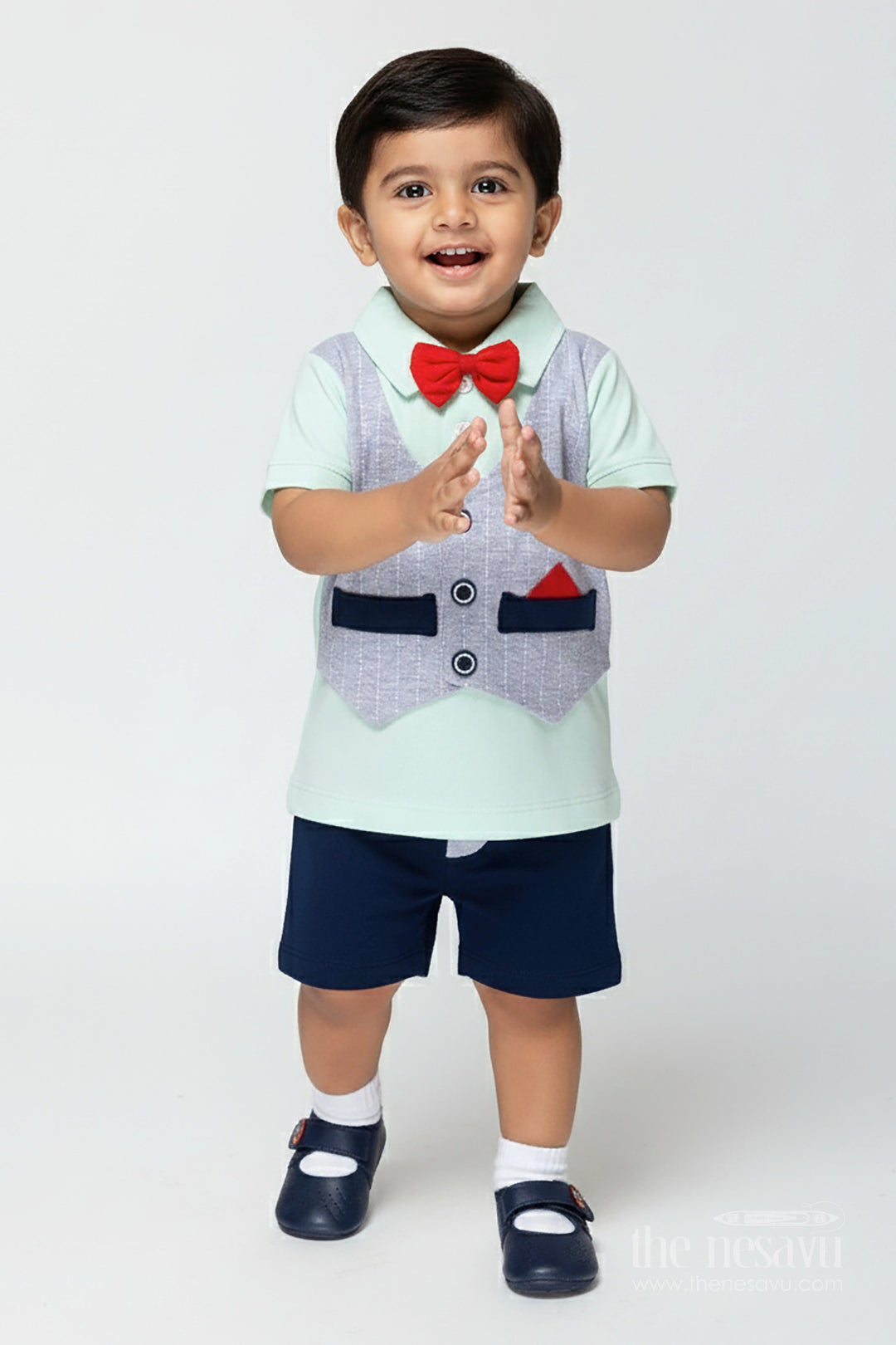 The Nesavu Boys Casual Set Boys Smart Cotton Shirts Set with Bow Tie and Navy Shorts for Dapper Everyday Comfort Nesavu 14 (6M) / Green BCS312A-14 Nesavu Boys Smart Cotton Shirts Set Bow Tie Navy Shorts Stylish Everyday Dressing