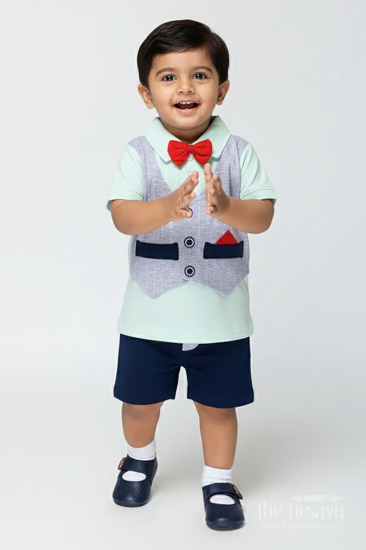 The Nesavu Boys Casual Set Boys Smart Cotton Shirts Set with Bow Tie and Navy Shorts for Dapper Everyday Comfort Nesavu 14 (6M) / Green BCS312A-14 Nesavu Boys Smart Cotton Shirts Set Bow Tie Navy Shorts Stylish Everyday Dressing
