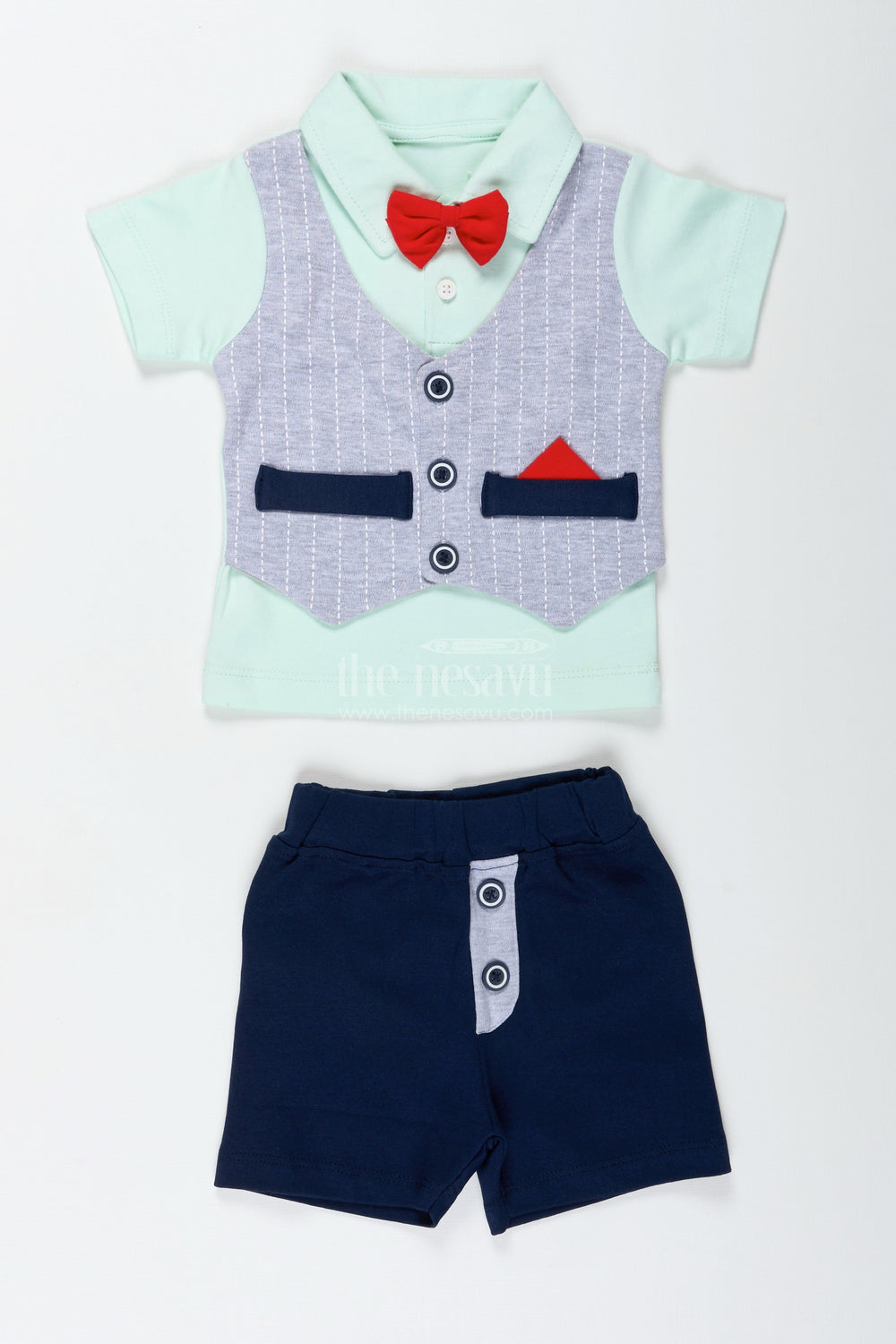 The Nesavu Boys Casual Set Boys Smart Cotton Shirts Set with Bow Tie and Navy Shorts for Dapper Everyday Comfort Nesavu Nesavu Boys Smart Cotton Shirts Set Bow Tie Navy Shorts Stylish Everyday Dressing