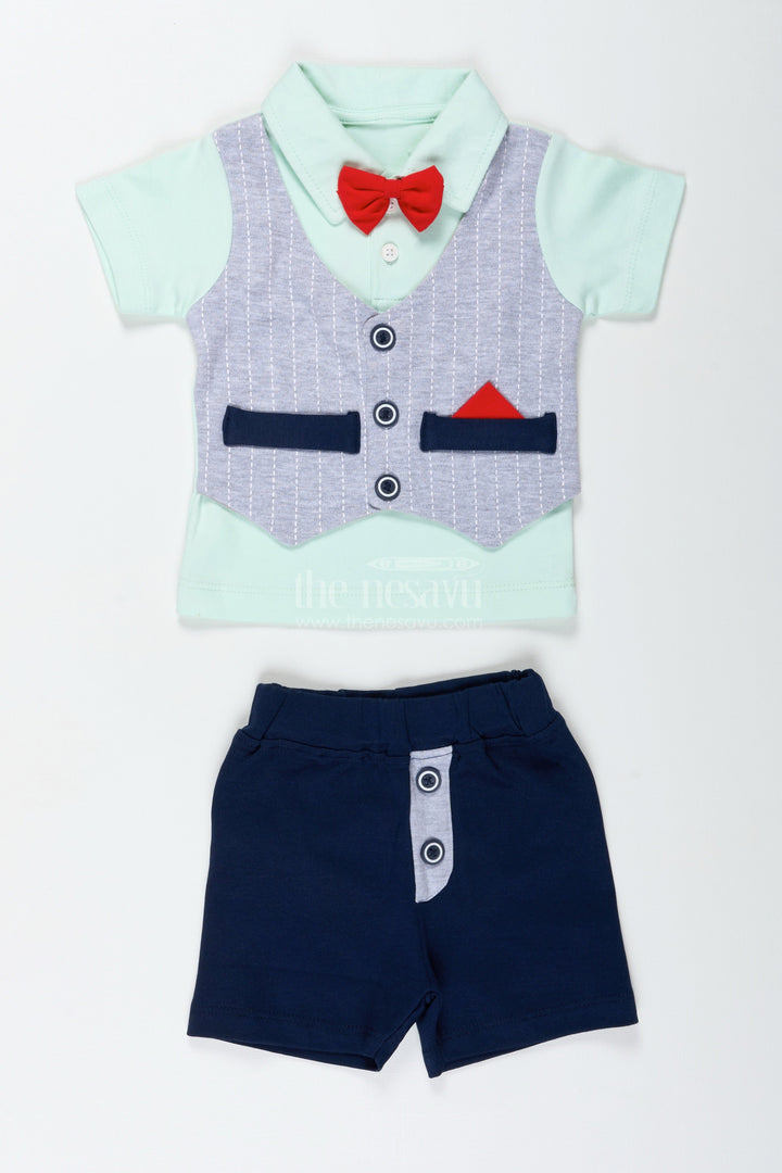 The Nesavu Boys Casual Set Boys Smart Cotton Shirts Set with Bow Tie and Navy Shorts for Dapper Everyday Comfort Nesavu Nesavu Boys Smart Cotton Shirts Set Bow Tie Navy Shorts Stylish Everyday Dressing