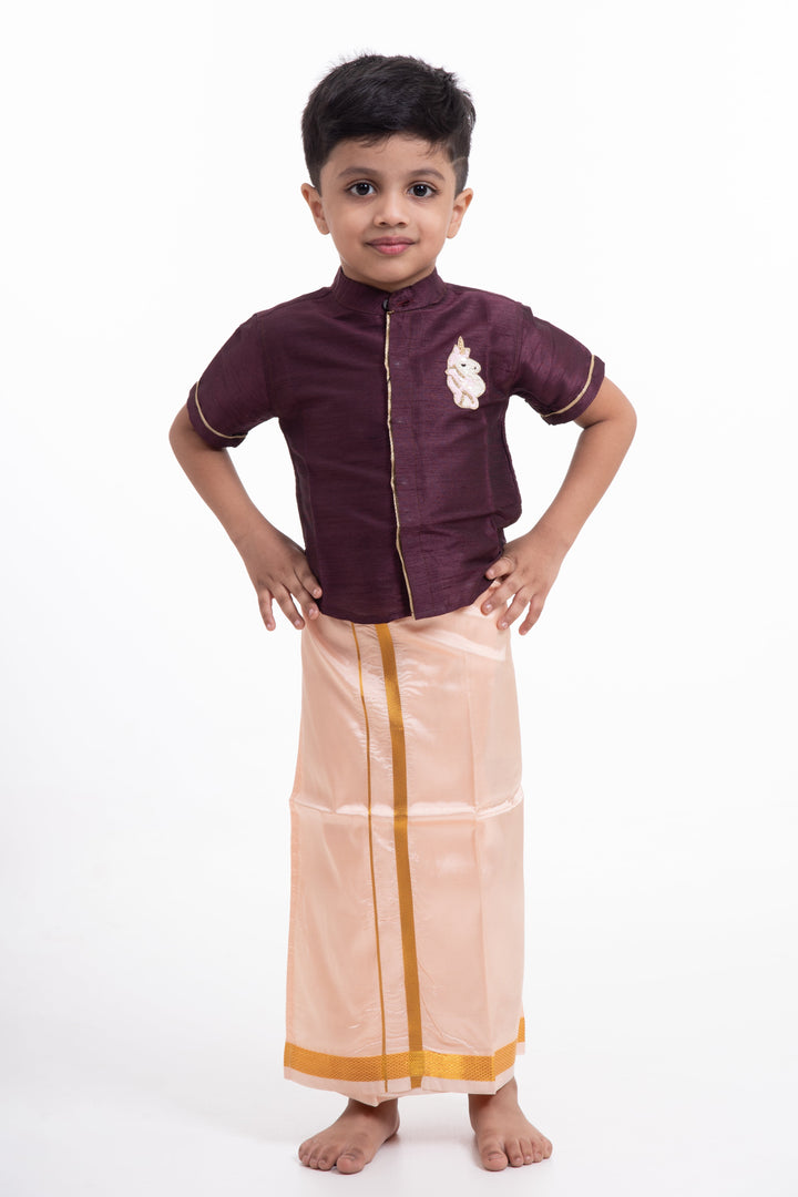 The Nesavu Boys Vesti Boys Soft Silk Dhoti in Delicate Pink with Golden Trim Nesavu 14 (6M) / Pink / Blend Silk D008E-14 Buy Boys Pink Silk Dhoti with Golden Stripes | Traditional Ethnic Wear | The Nesavu