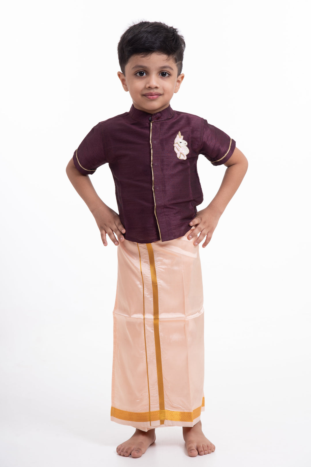The Nesavu Boys Vesti Boys Soft Silk Dhoti in Delicate Pink with Golden Trim Nesavu Buy Boys Pink Silk Dhoti with Golden Stripes | The Nesavu