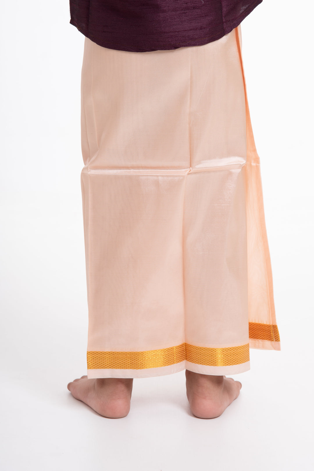 The Nesavu Boys Vesti Boys Soft Silk Dhoti in Delicate Pink with Golden Trim Nesavu Buy Boys Pink Silk Dhoti with Golden Stripes | The Nesavu