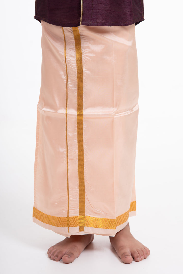 The Nesavu Boys Vesti Boys Soft Silk Dhoti in Delicate Pink with Golden Trim Nesavu Buy Boys Pink Silk Dhoti with Golden Stripes | The Nesavu