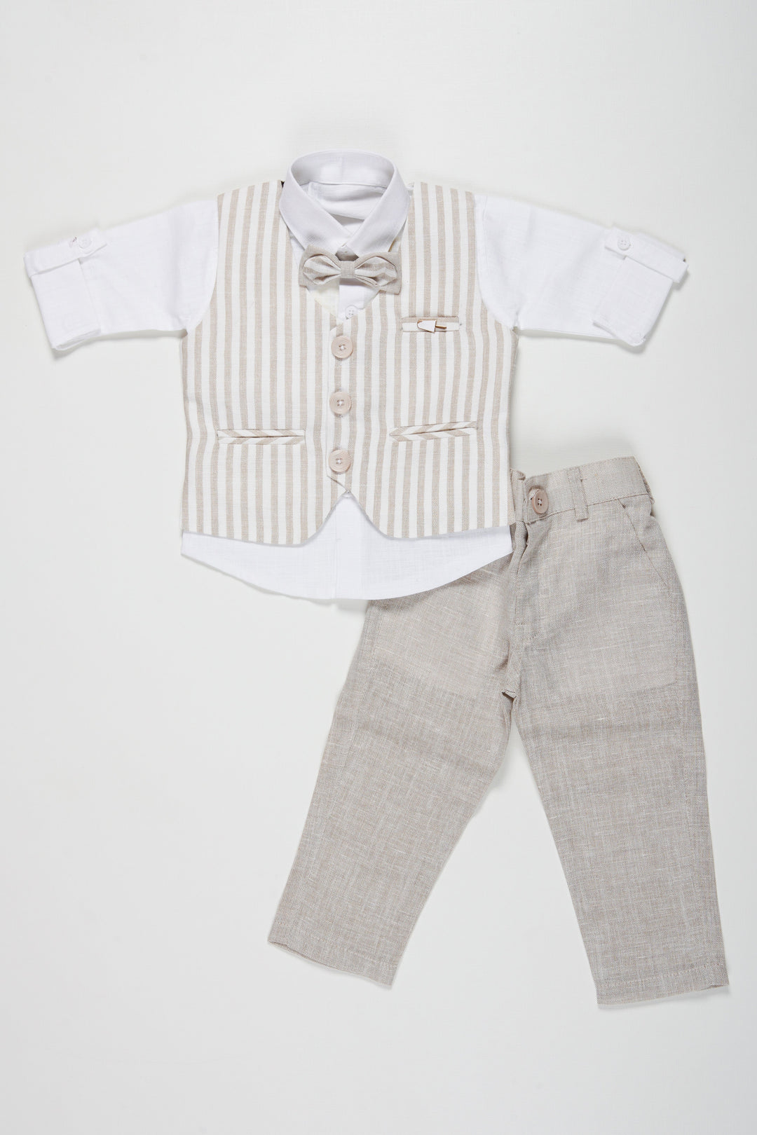 The Nesavu Boys Casual Set Boys Sophisticated Linen Blend Suit Set with Striped Vest and Bow Tie Nesavu 12 (3M) / Beige / Cotton Linen BCS030A-12 Elegant Boys Linen Suit Set | Striped Vest and Grey Pants with Bow Tie | Kids Formal Outfit | The Nesavu