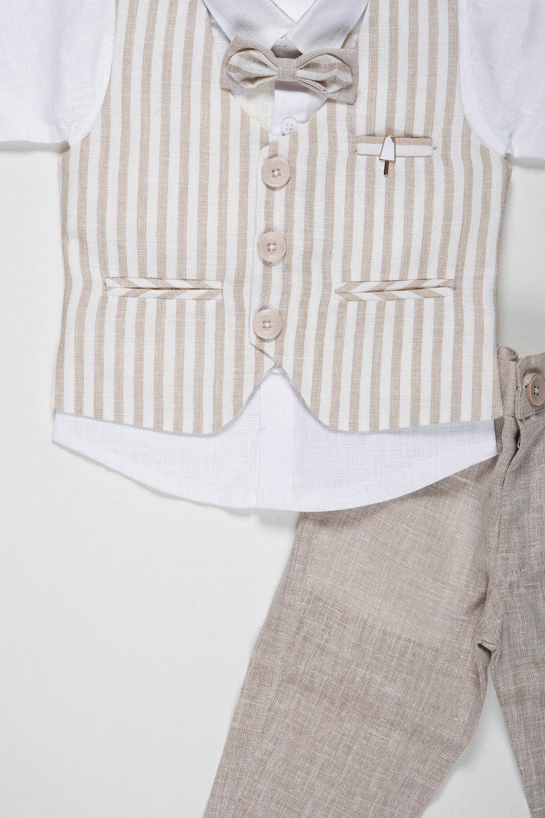 The Nesavu Boys Casual Set Boys Sophisticated Linen Blend Suit Set with Striped Vest and Bow Tie Nesavu Elegant Boys Linen Suit Set | Striped Vest and Grey Pants with Bow Tie | Kids Formal Outfit | The Nesavu