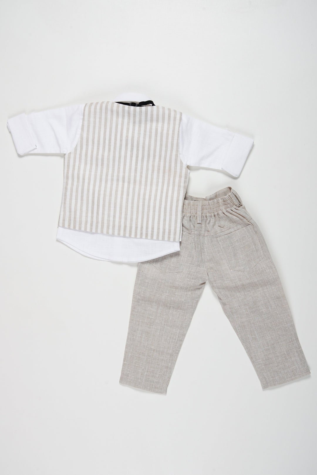 The Nesavu Boys Casual Set Boys Sophisticated Linen Blend Suit Set with Striped Vest and Bow Tie Nesavu Elegant Boys Linen Suit Set | Striped Vest and Grey Pants with Bow Tie | Kids Formal Outfit | The Nesavu